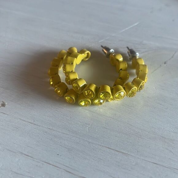 Yellow Powder Coated Rhinestone Hoop Earrings - Picture 7 of 12